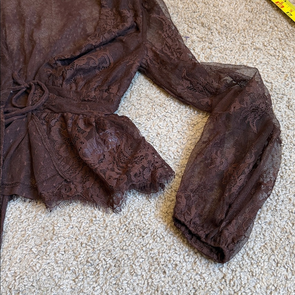12th Tribe Sheer Lace Tie-Front Blouse in Dark Brown - Picture 5 of 10